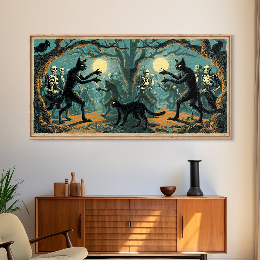 The Black Cat Gathering, Macabre Folk Print Art, Wide Panoramic Art, Macabre Wall Art, Framed Canvas Print, Halloween Wall Art