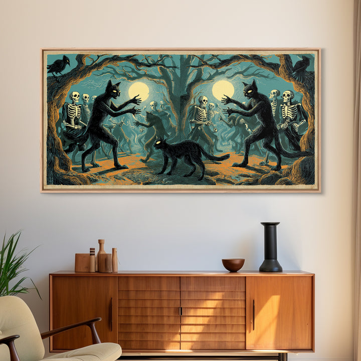The Black Cat Gathering, Macabre Folk Print Art, Wide Panoramic Art, Macabre Wall Art, Framed Canvas Print, Halloween Wall Art