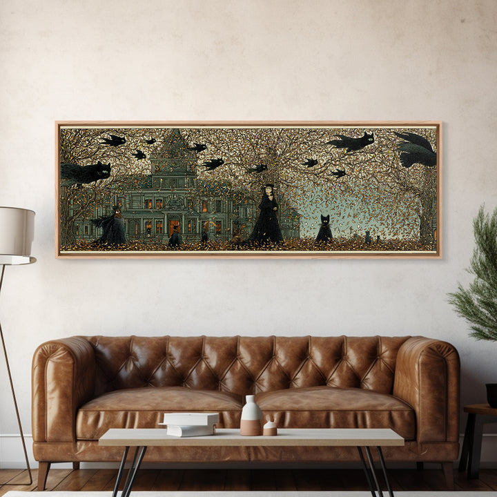 The Black Cat Gathering, Victorian Macabre Art, Extra Wide Wall Art, Dark Halloween Decor, Canvas Print, Halloween Wall Art