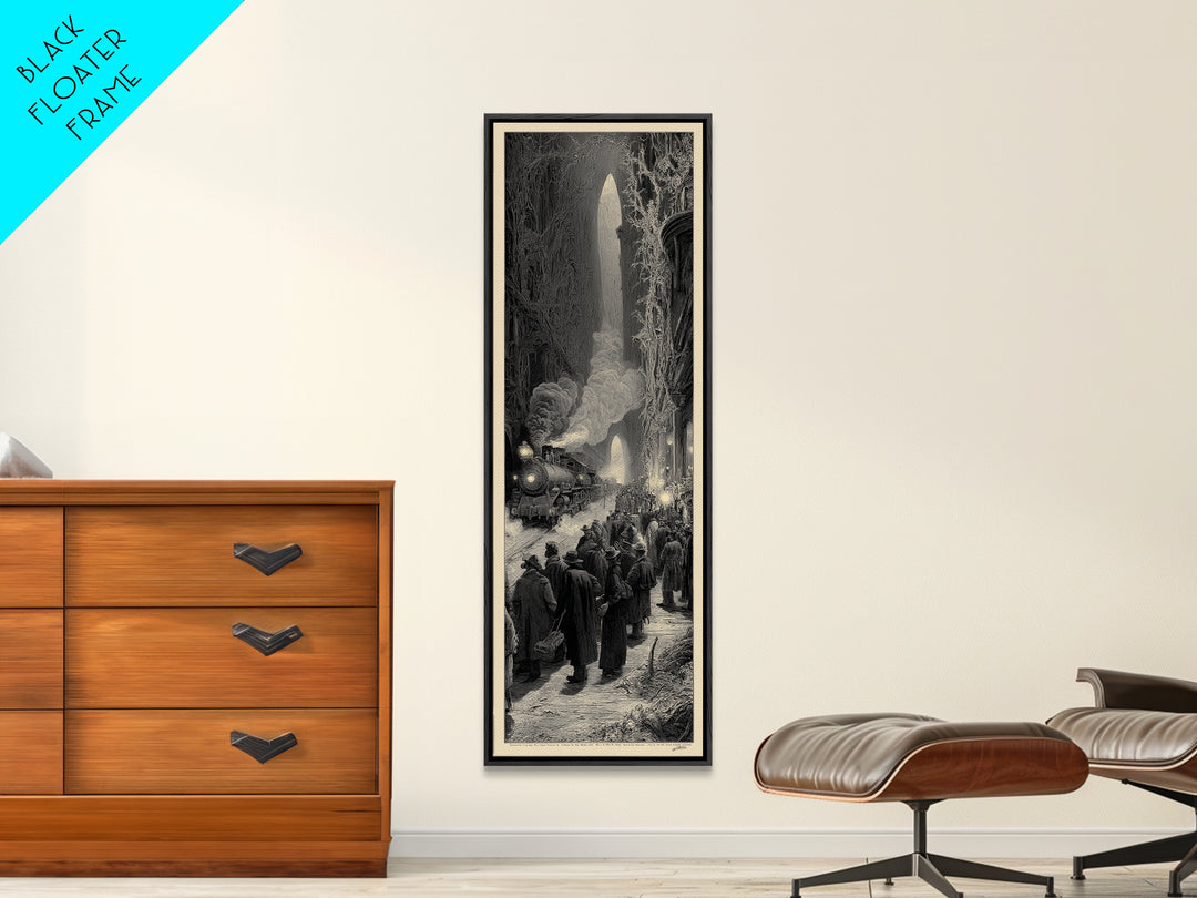 The Ghost Train Arrival, Gothic Engraving Art, Tall Narrow Wall Art, Dark Fantasy Wall Art, Canvas Print, Halloween Wall Art