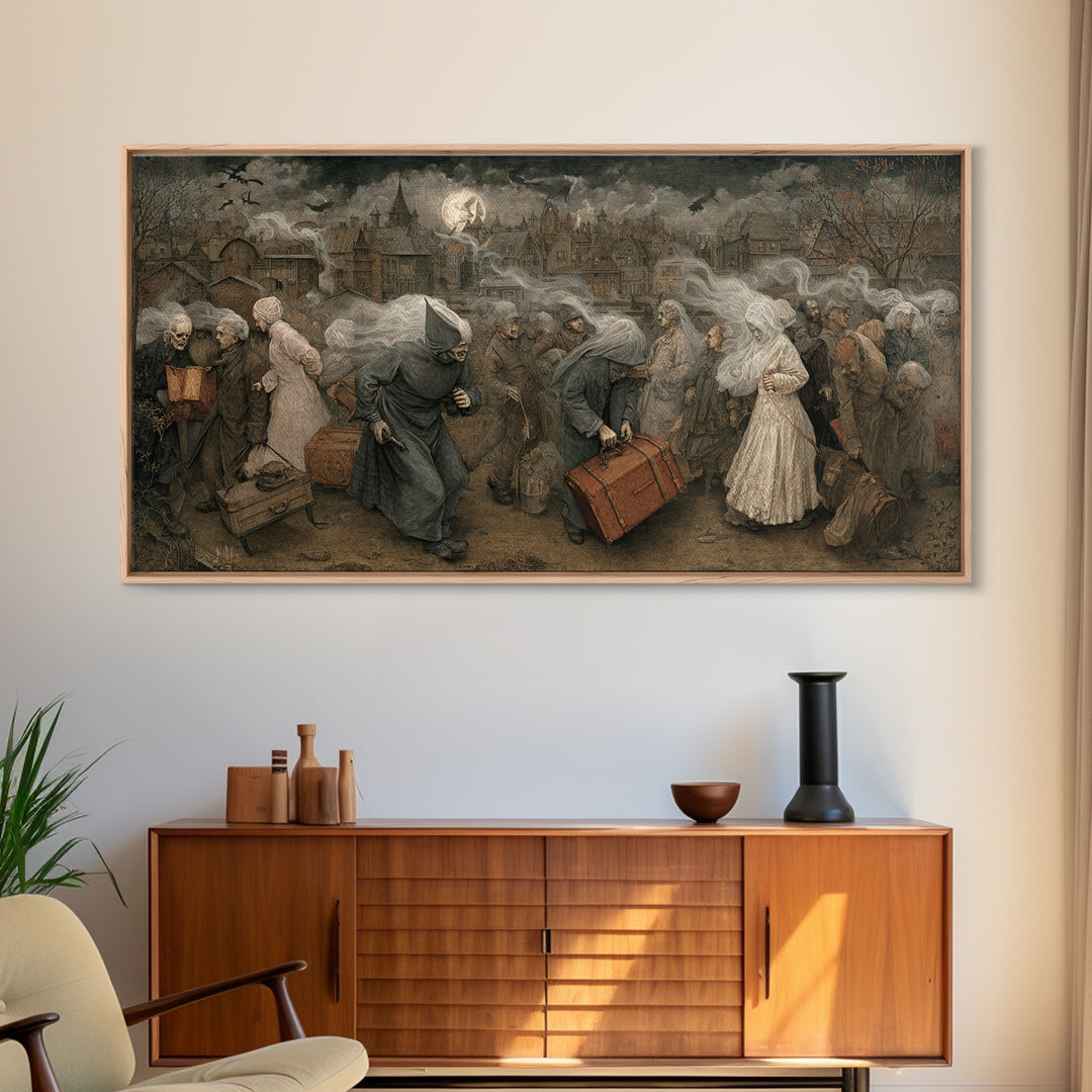 The Ghost Train Arrival, Northern Renaissance Horror, Wide Panoramic Art, Gothic Horror Wall Art, Framed Canvas Print