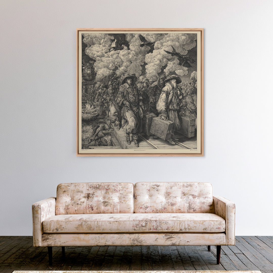 The Ghost Train Arrival, Renaissance Engraving Art, Square Wall Art, Dark Halloween Decor, Framed Canvas Print, Halloween Wall Art