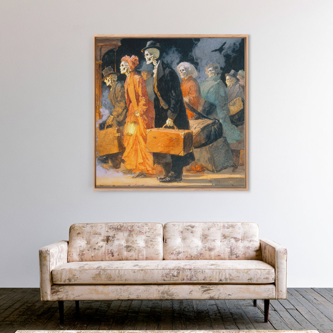 The Ghost Train Arrival, Danse Macabre Art, Square Wall Art, Gothic Horror Wall Art, Framed Canvas Print
