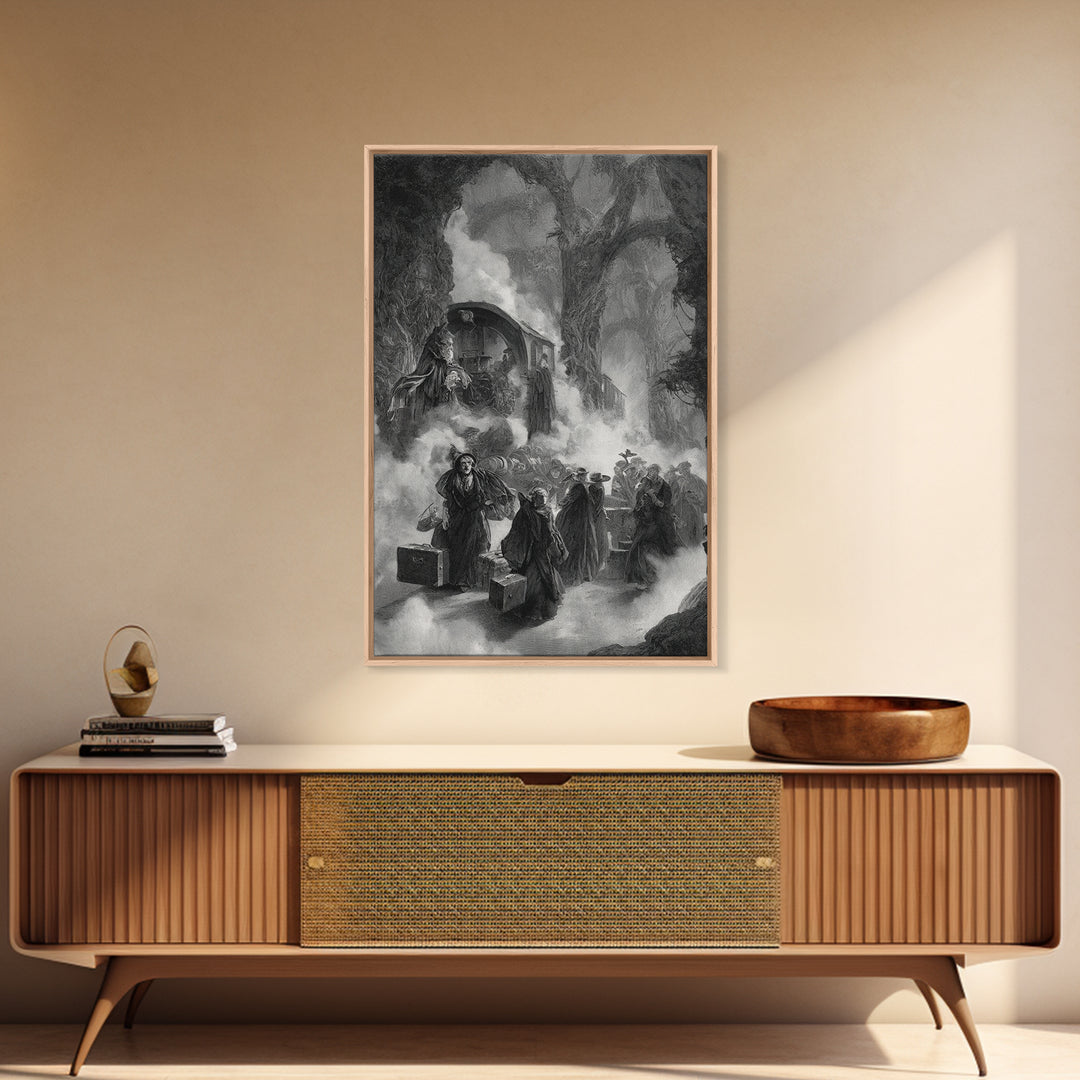 The Ghost Train Arrival, Baroque Witchcraft Art, Vertical Wall Art, Dark Halloween Decor, Canvas Print, Halloween Wall Art