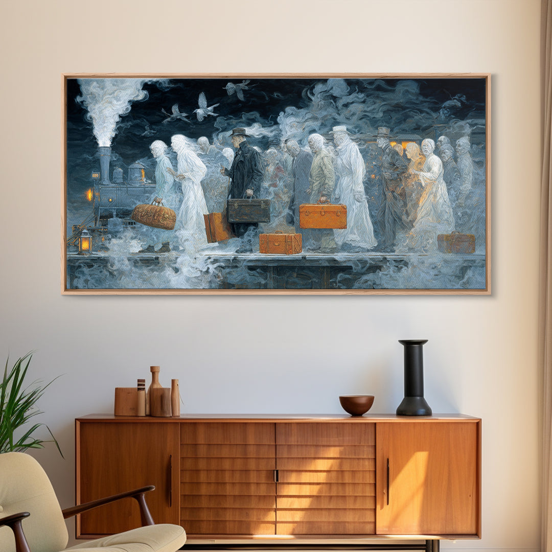 The Ghost Train Arrival, Visionary Gothic Art, Wide Panoramic Art, Dark Halloween Decor, Canvas Print, Halloween Wall Art