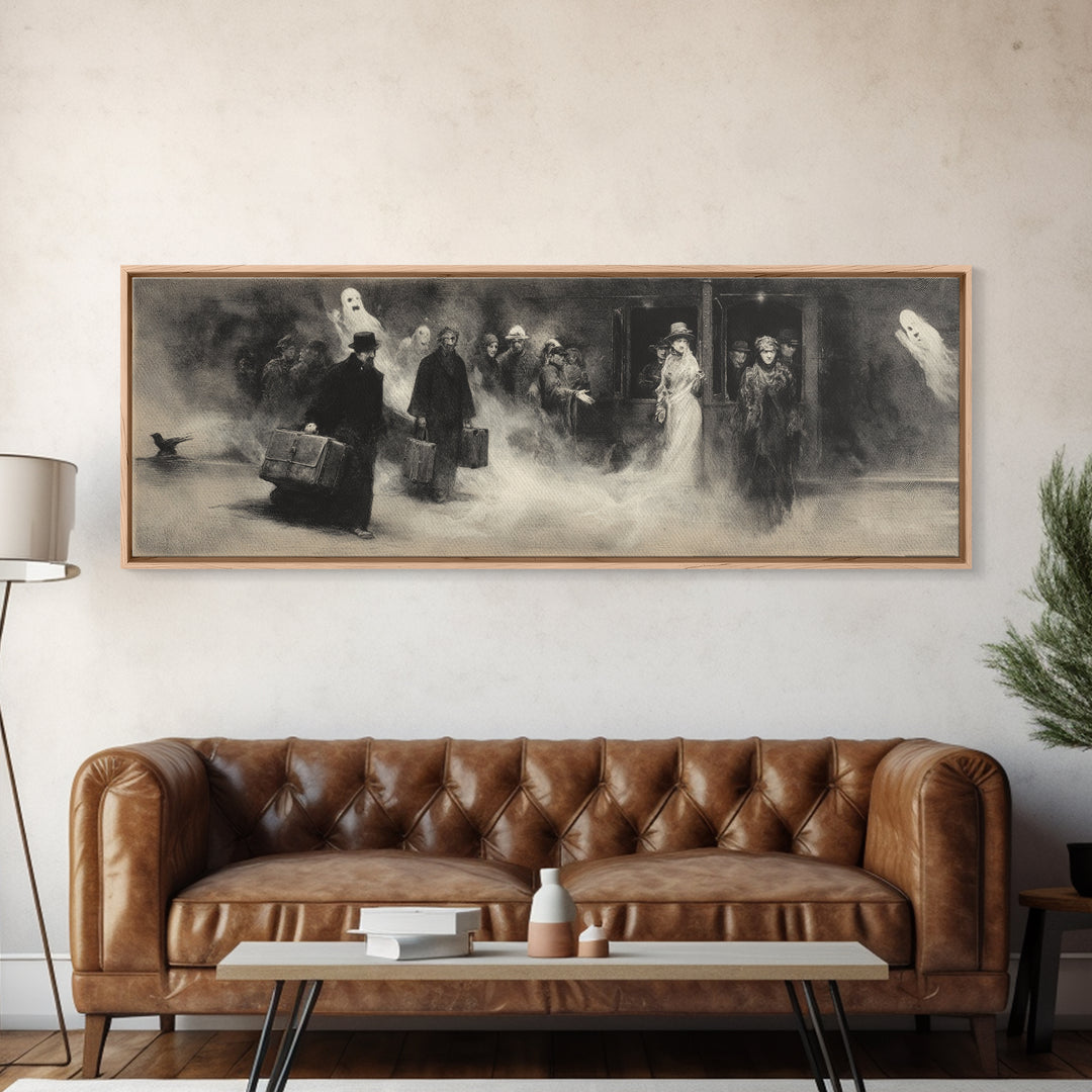 The Ghost Train Arrival, Symbolist Dream Art, Extra Wide Wall Art, Dark Halloween Decor, Canvas Print, Halloween Wall Art