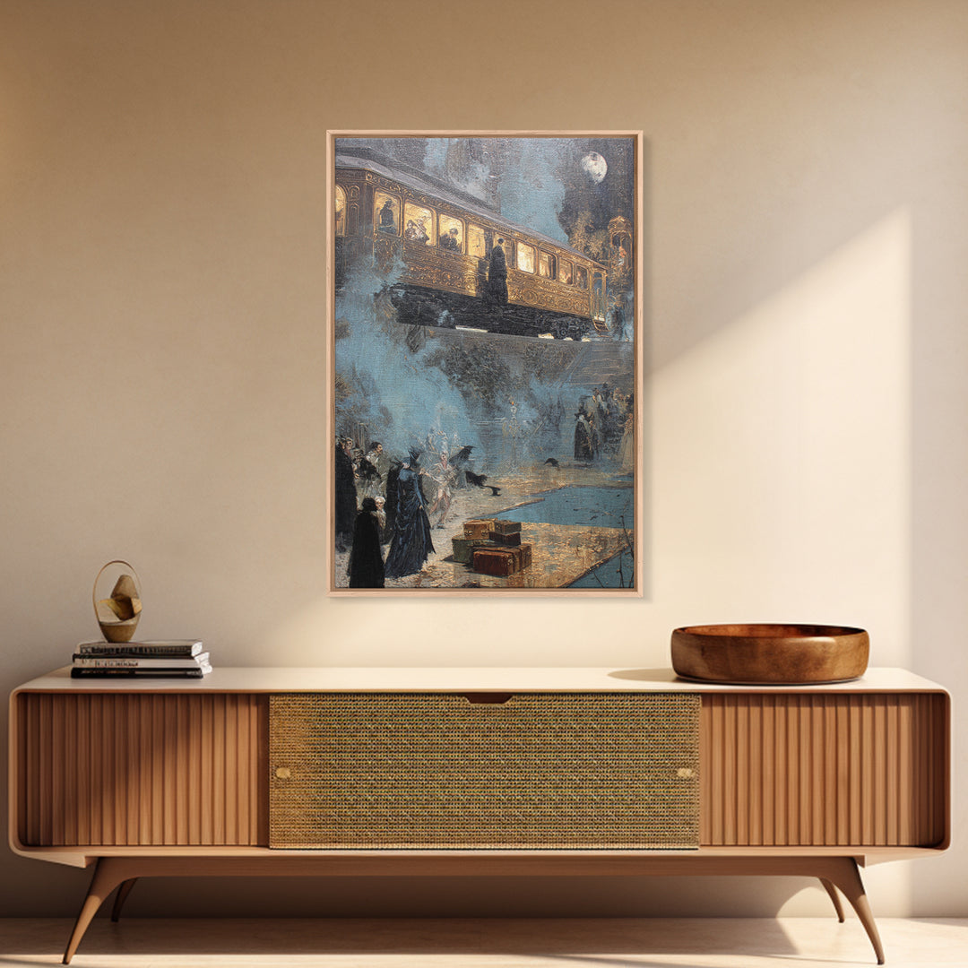 The Ghost Train Arrival, Ornate Symbolist Art, Vertical Wall Art, Dark Fantasy Wall Art, Canvas Print, Halloween Wall Art