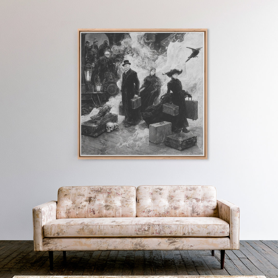The Ghost Train Arrival, Decadent Gothic Art, Square Wall Art, Dark Halloween Decor, Framed Canvas Print, Halloween Wall Art