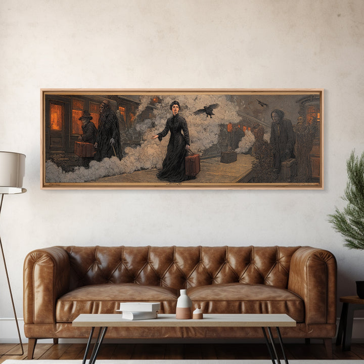 The Ghost Train Arrival, Symbolist Etching Art, Extra Wide Wall Art, Dark Fantasy Wall Art, Framed Canvas Print, Halloween Wall Art