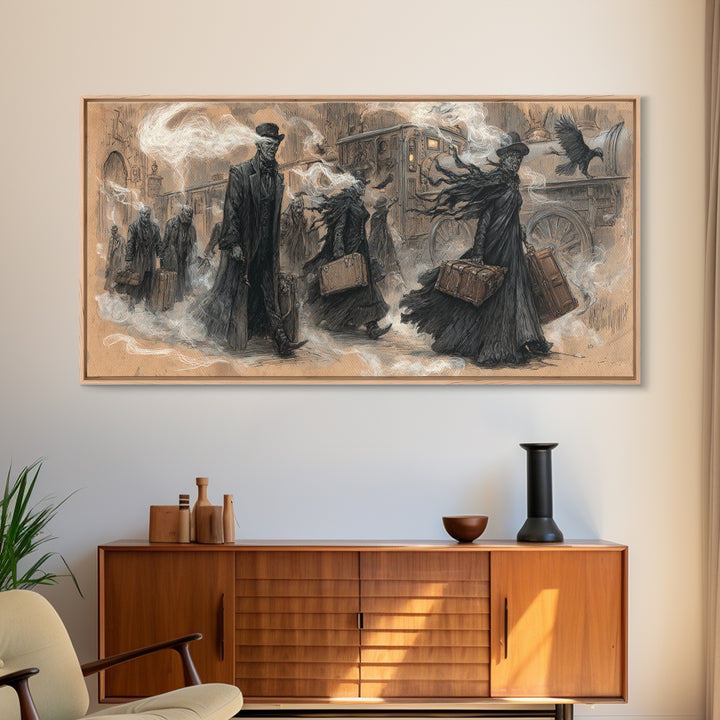The Ghost Train Arrival, Expressionist Nightmare Art, Wide Panoramic Art, Macabre Wall Art, Canvas Print, Halloween Wall Art