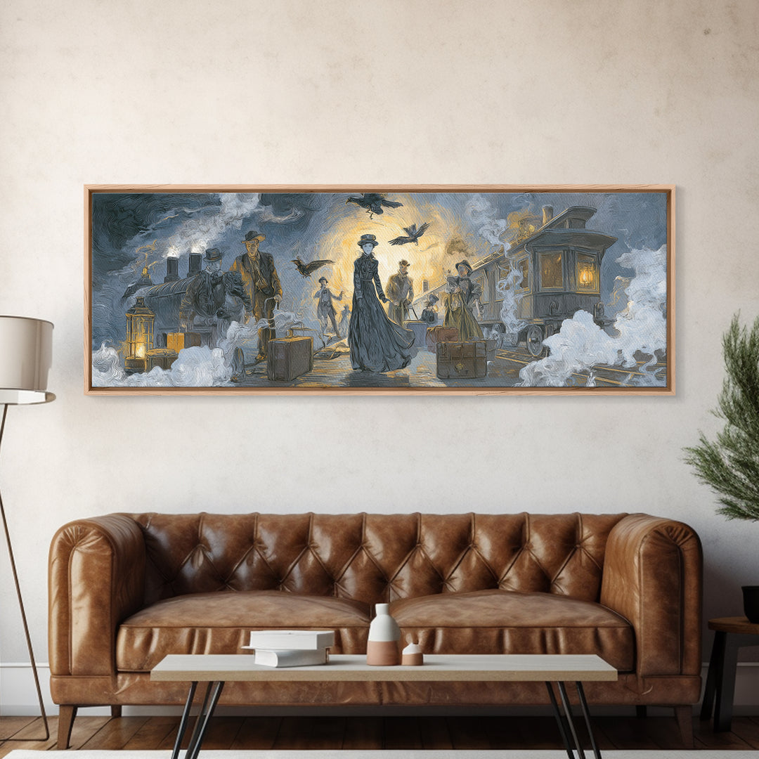 The Ghost Train Arrival, Expressionist Gothic Art, Extra Wide Wall Art, Dark Halloween Decor, Canvas Print, Halloween Wall Art
