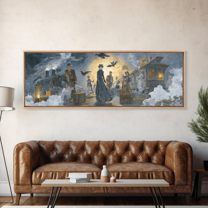 The Ghost Train Arrival, Expressionist Gothic Art, Extra Wide Wall Art, Dark Halloween Decor, Canvas Print, Halloween Wall Art