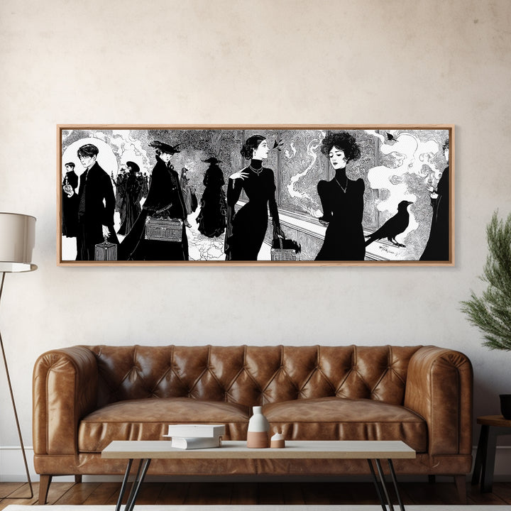 The Ghost Train Arrival, Decadent Line Art, Extra Wide Wall Art, Gothic Horror Wall Art, Canvas Print, Halloween Wall Art