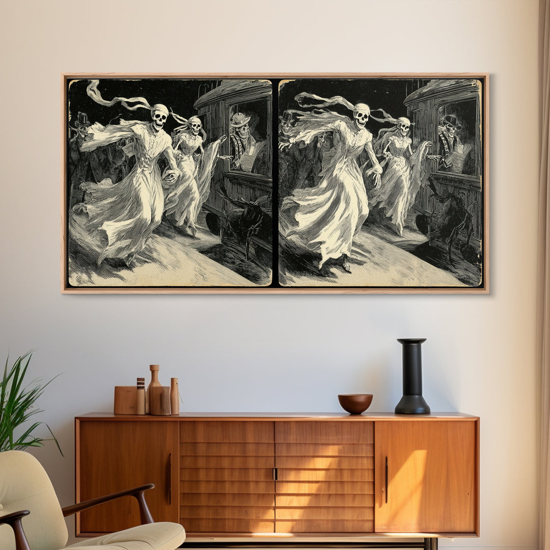 The Ghost Train Arrival, Macabre Folk Print Art, Wide Panoramic Art, Dark Fantasy Wall Art, Framed Canvas Print