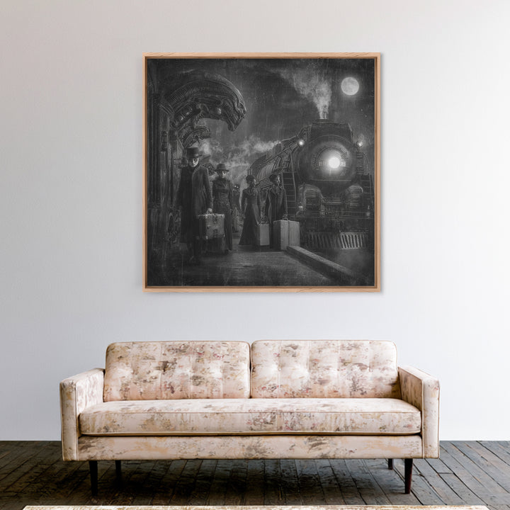 The Ghost Train Arrival, Biomechanical Horror Art, Square Wall Art, Dark Fantasy Wall Art, Framed Canvas Print, Halloween Wall Art