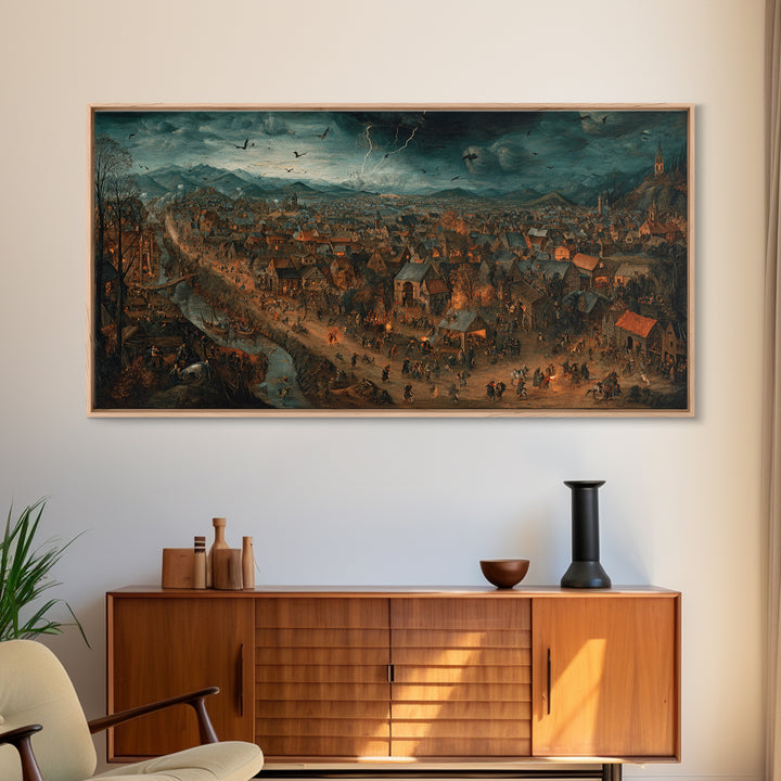 The Halloween Storm, Northern Renaissance Horror, Wide Panoramic Art, Dark Fantasy Wall Art, Canvas Print, Halloween Wall Art