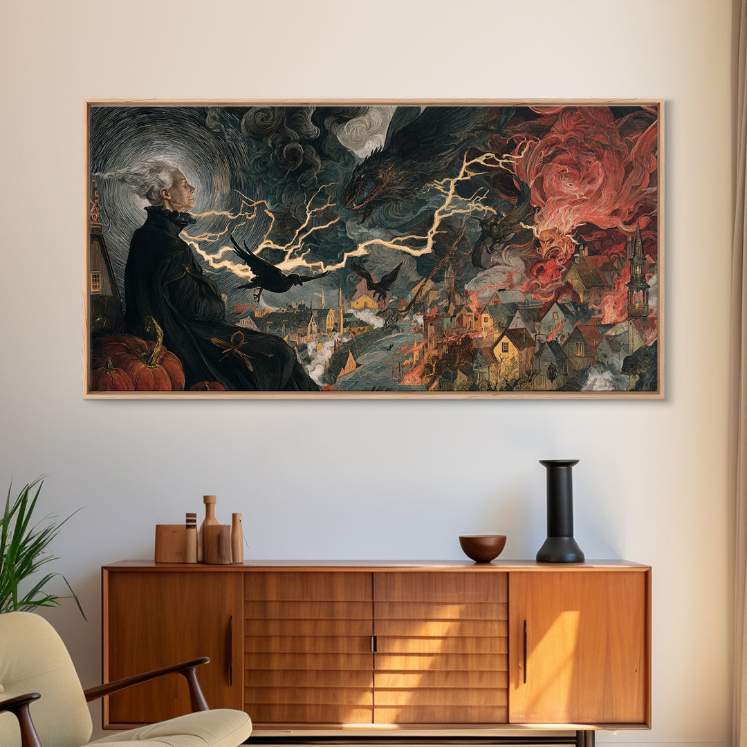 The Halloween Storm, Dark Renaissance Art, Wide Panoramic Art, Dark Fantasy Wall Art, Framed Canvas Print, Halloween Wall Art