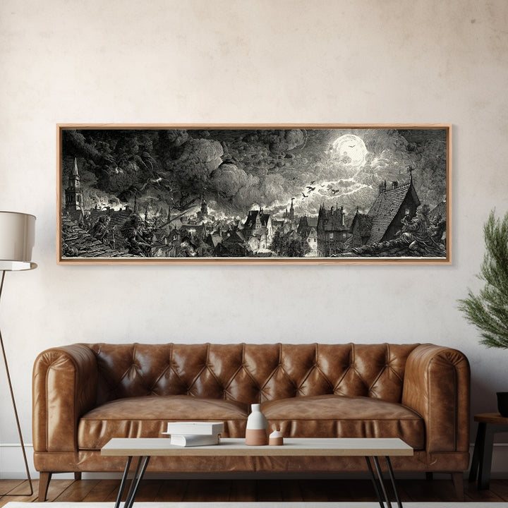 The Halloween Storm, Renaissance Engraving Art, Extra Wide Wall Art, Dark Fantasy Wall Art, Canvas Print, Halloween Wall Art