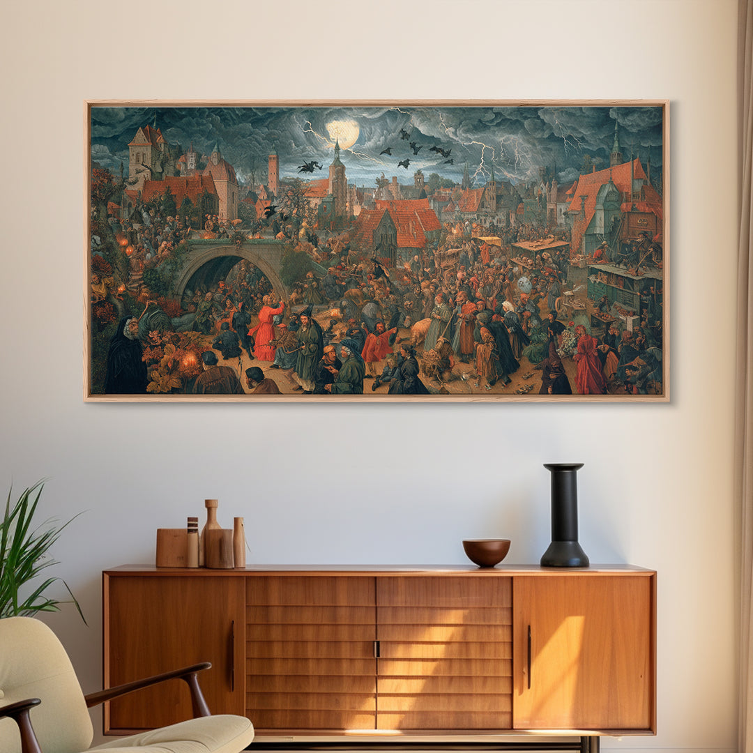 The Halloween Storm, Danse Macabre Art, Wide Panoramic Art, Macabre Wall Art, Framed Canvas Print, Halloween Wall Art