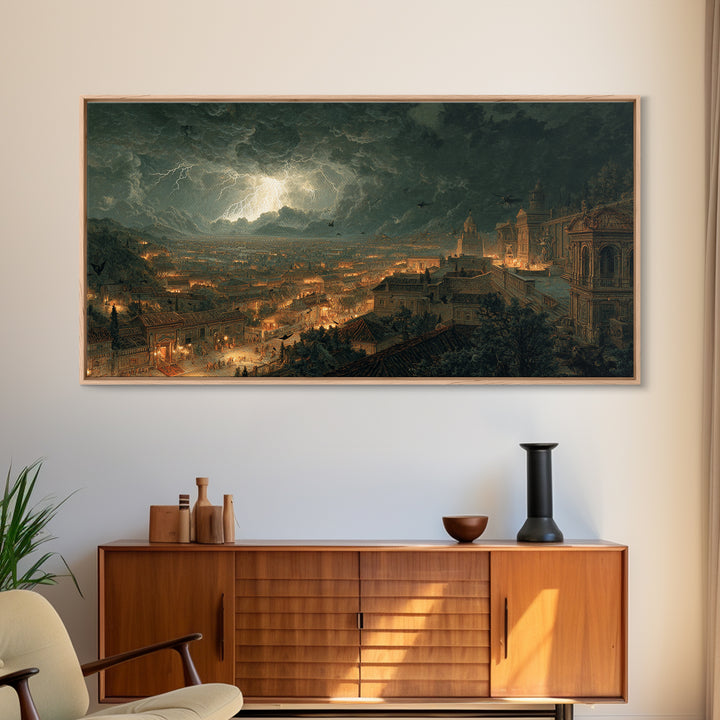 The Halloween Storm, Architectural Etching Art, Wide Panoramic Art, Dark Halloween Decor, Canvas Print, Halloween Wall Art