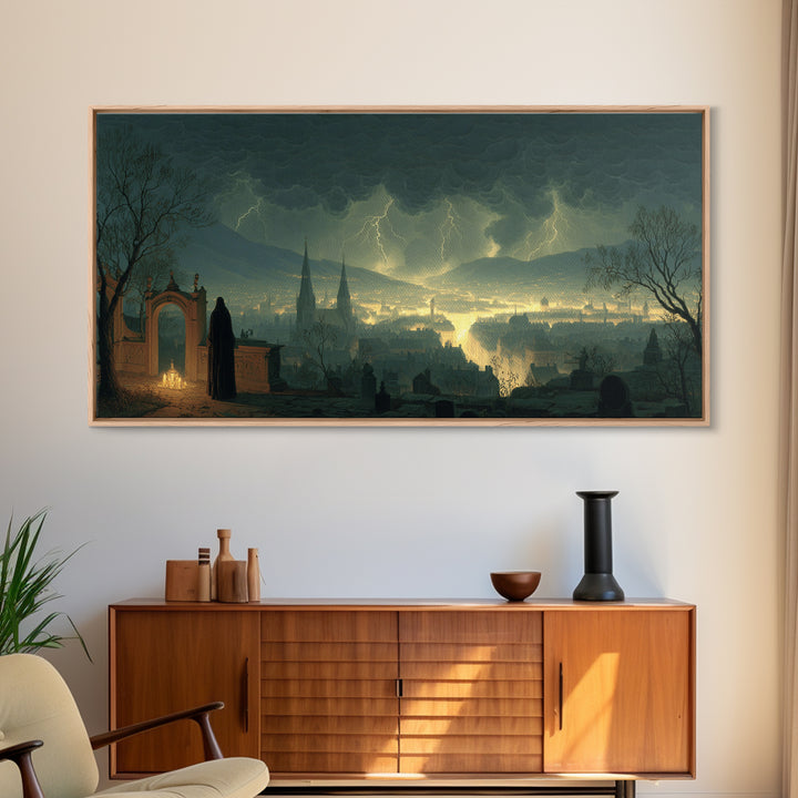 The Halloween Storm, Romantic Gothic Landscape, Wide Panoramic Art, Dark Halloween Decor, Framed Canvas Print, Halloween Wall Art