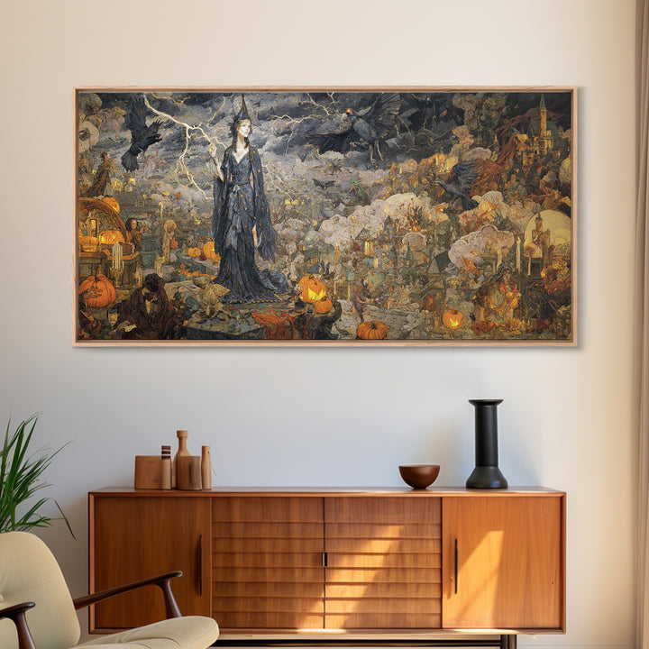 The Halloween Storm, Ornate Symbolist Art, Wide Panoramic Art, Macabre Wall Art, Canvas Print, Halloween Wall Art, Halloween Decor