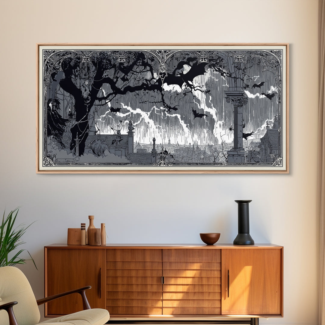 The Halloween Storm, Decadent Line Art, Wide Panoramic Art, Gothic Horror Wall Art, Framed Canvas Print, Halloween Wall Art