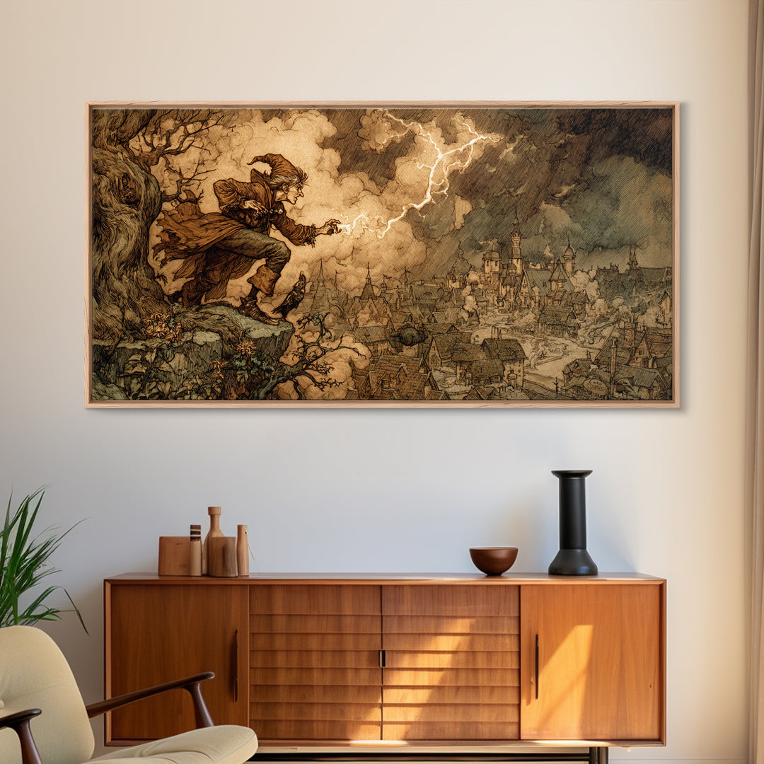 The Halloween Storm, Gothic Storybook Art, Wide Panoramic Art, Dark Fantasy Wall Art, Canvas Print, Halloween Wall Art
