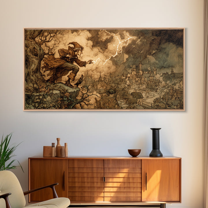 The Halloween Storm, Gothic Storybook Art, Wide Panoramic Art, Dark Fantasy Wall Art, Canvas Print, Halloween Wall Art