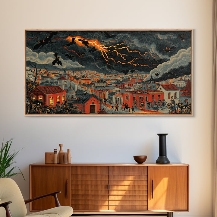 The Halloween Storm, Macabre Folk Print Art, Wide Panoramic Art, Dark Fantasy Wall Art, Framed Canvas Print, Halloween Wall Art