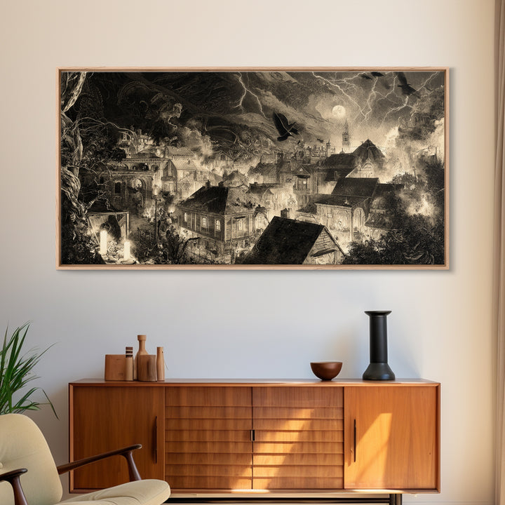 The Halloween Storm, Biomechanical Horror Art, Wide Panoramic Art, Dark Halloween Decor, Canvas Print, Halloween Wall Art