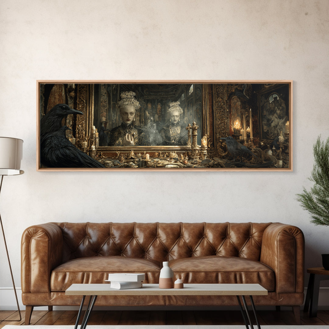The Cursed Mirror, Ornate Symbolist Art, Extra Wide Wall Art, Macabre Wall Art, Framed Canvas Print, Halloween Wall Art