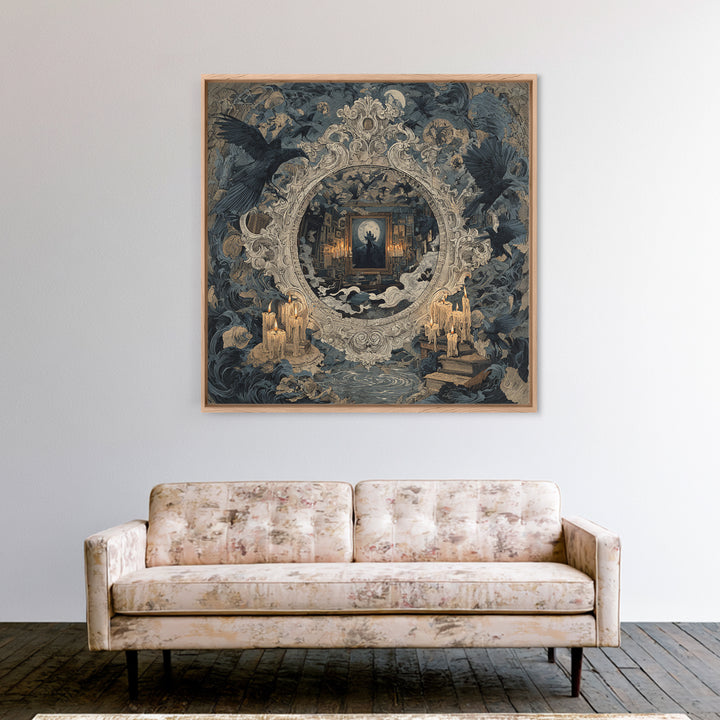The Cursed Mirror, Symbolist Etching Art, Square Wall Art, Dark Fantasy Wall Art, Framed Canvas Print, Halloween Wall Art