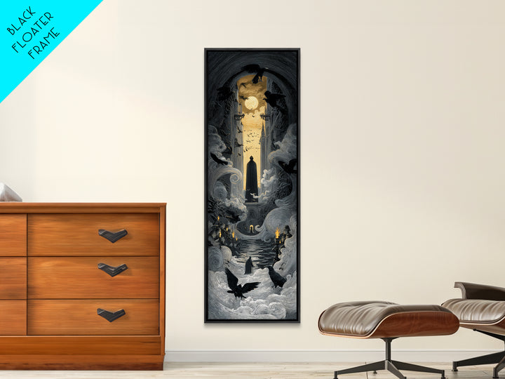 The Living Spellbook, Gothic Engraving Art, Tall Narrow Wall Art, Dark Fantasy Wall Art, Canvas Print, Halloween Wall Art