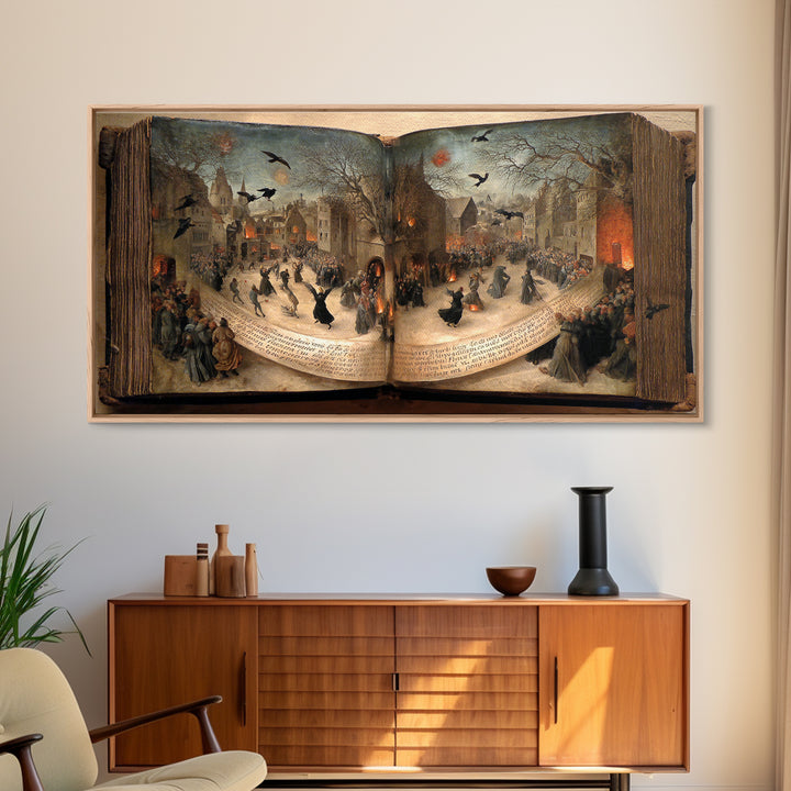 The Living Spellbook, Northern Renaissance Horror, Wide Panoramic Art, Macabre Wall Art, Canvas Print, Halloween Wall Art