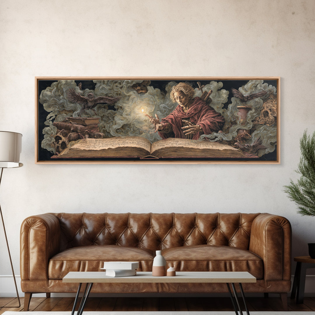 The Living Spellbook, Dark Renaissance Art, Extra Wide Wall Art, Dark Halloween Decor, Framed Canvas Print, Halloween Wall Art