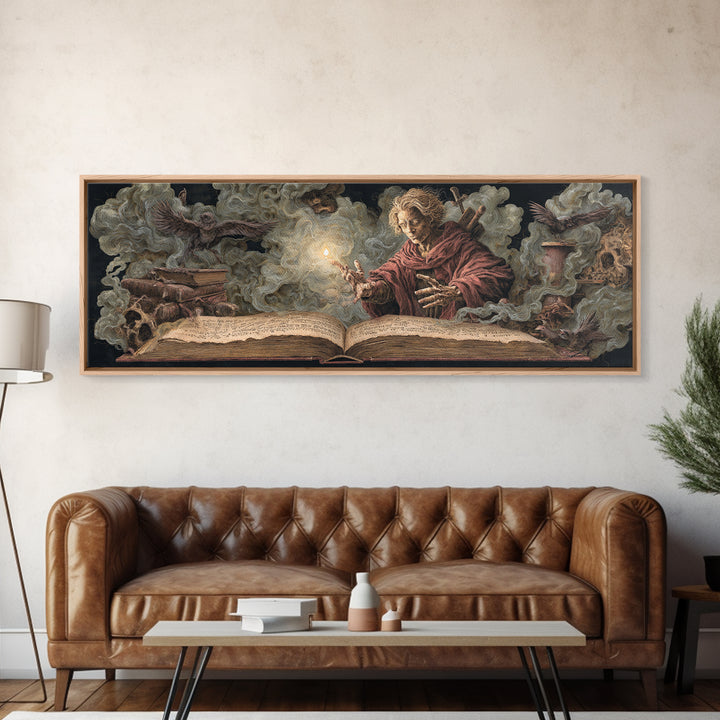The Living Spellbook, Dark Renaissance Art, Extra Wide Wall Art, Dark Halloween Decor, Framed Canvas Print, Halloween Wall Art
