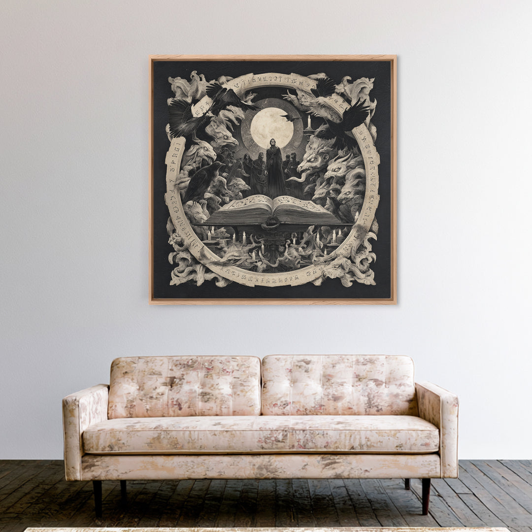 The Living Spellbook, Dark Symbolist Art, Square Wall Art, Dark Halloween Decor, Framed Canvas Print, Halloween Wall Art