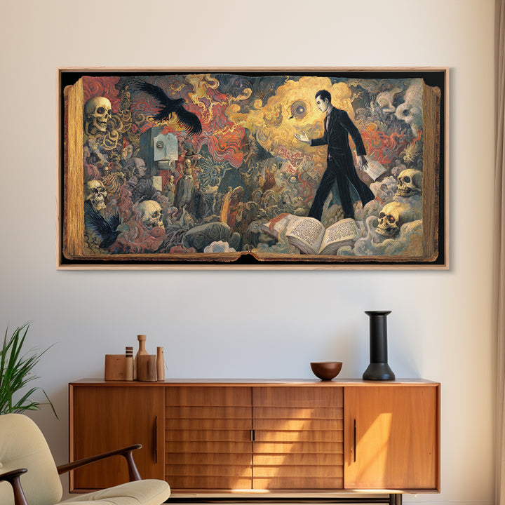 The Living Spellbook, Grotesque Carnival Art, Wide Panoramic Art, Dark Halloween Decor, Framed Canvas Print, Halloween Wall Art