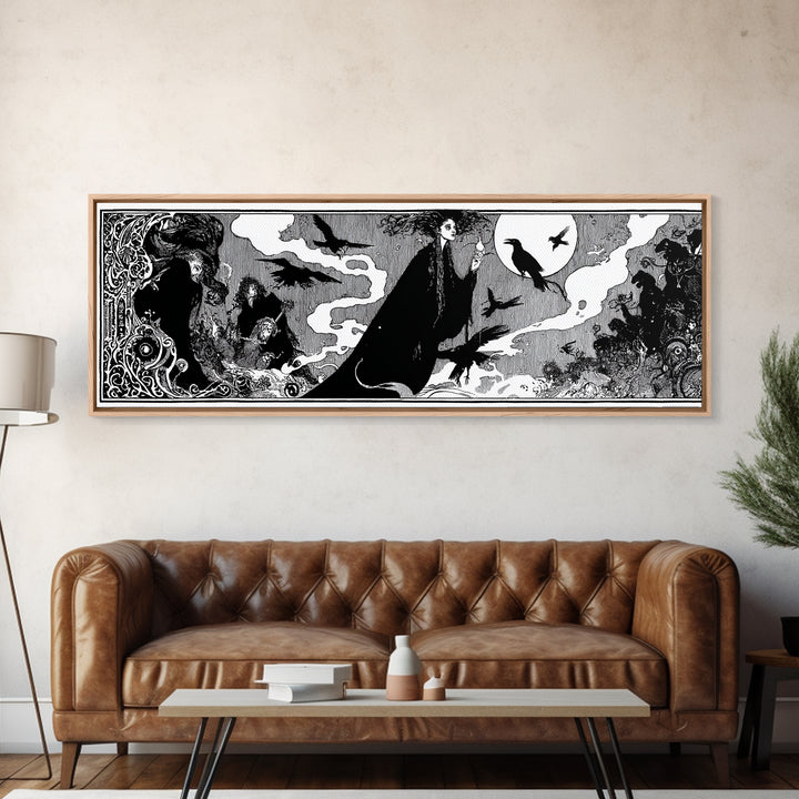 The Living Spellbook, Decadent Line Art, Extra Wide Wall Art, Dark Fantasy Wall Art, Canvas Print, Halloween Wall Art