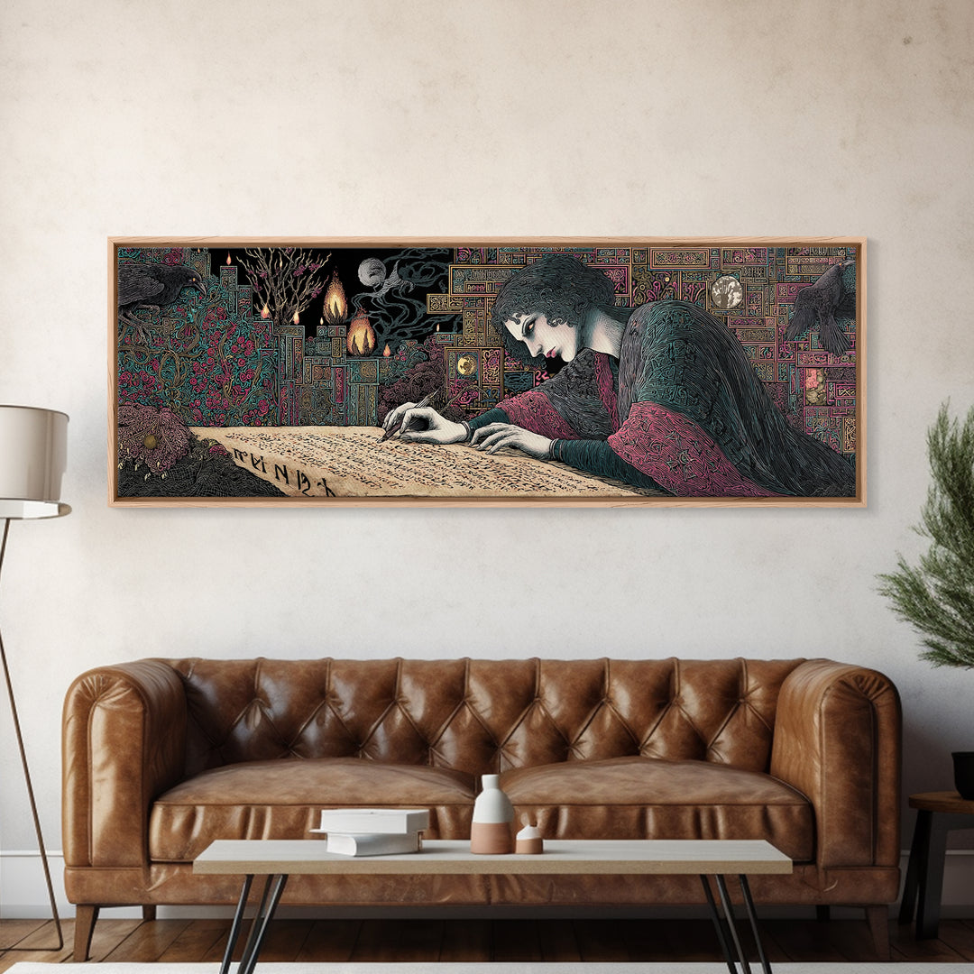 The Living Spellbook, Stained Glass Gothic Art, Extra Wide Wall Art, Dark Fantasy Wall Art, Framed Canvas Print, Halloween Wall Art