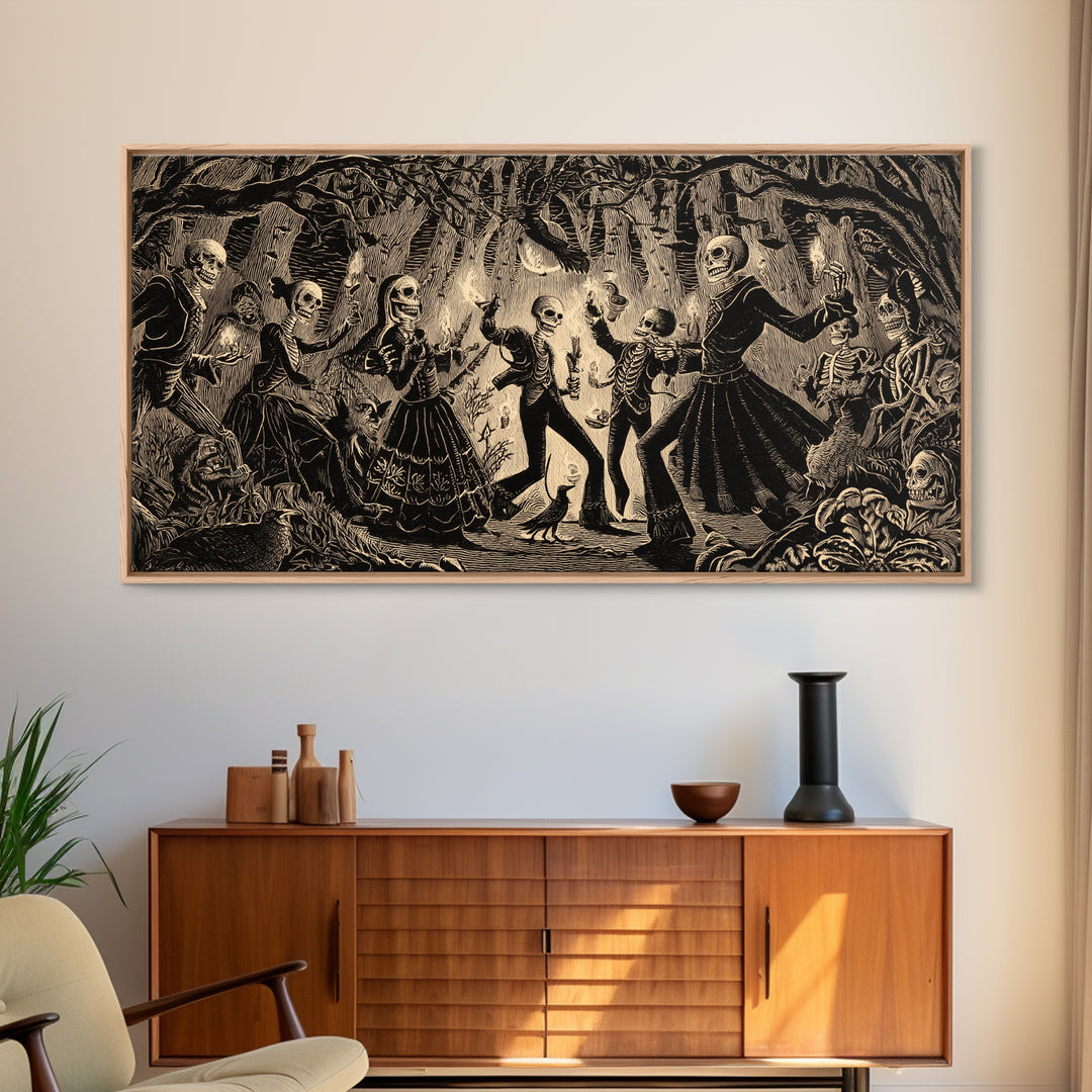 The Living Spellbook, Macabre Folk Print Art, Wide Panoramic Art, Dark Fantasy Wall Art, Framed Canvas Print, Halloween Wall Art