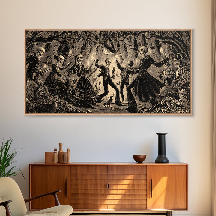 The Living Spellbook, Macabre Folk Print Art, Wide Panoramic Art, Dark Fantasy Wall Art, Framed Canvas Print, Halloween Wall Art