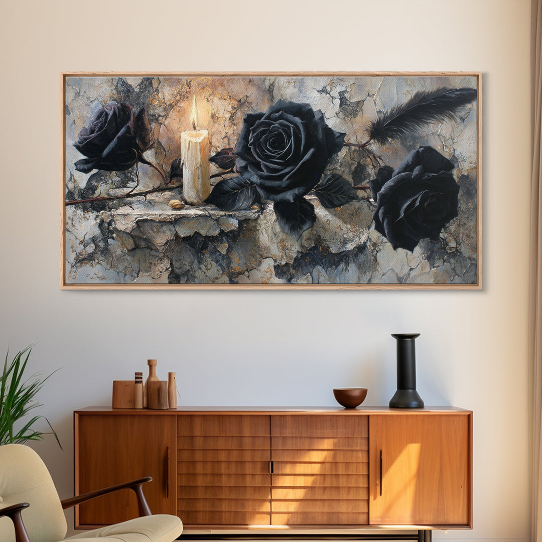 Black Roses Blooming from Cracked Stone Canvas Print, Dark Art, Textured Painting, Living Room Decor, Fine Art, Nocturne, DAR-2x1-22