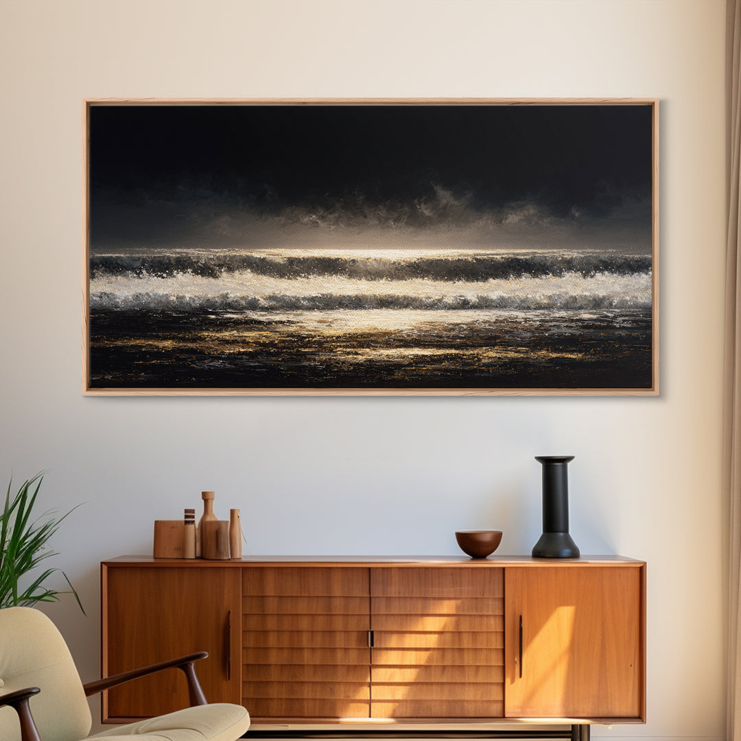Stormy Sea under a Nearly Black Sky Framed Canvas Print, Dark Art, Digital Art, Living Room Decor, Fine Art, Nocturne, DAR-2x1-25