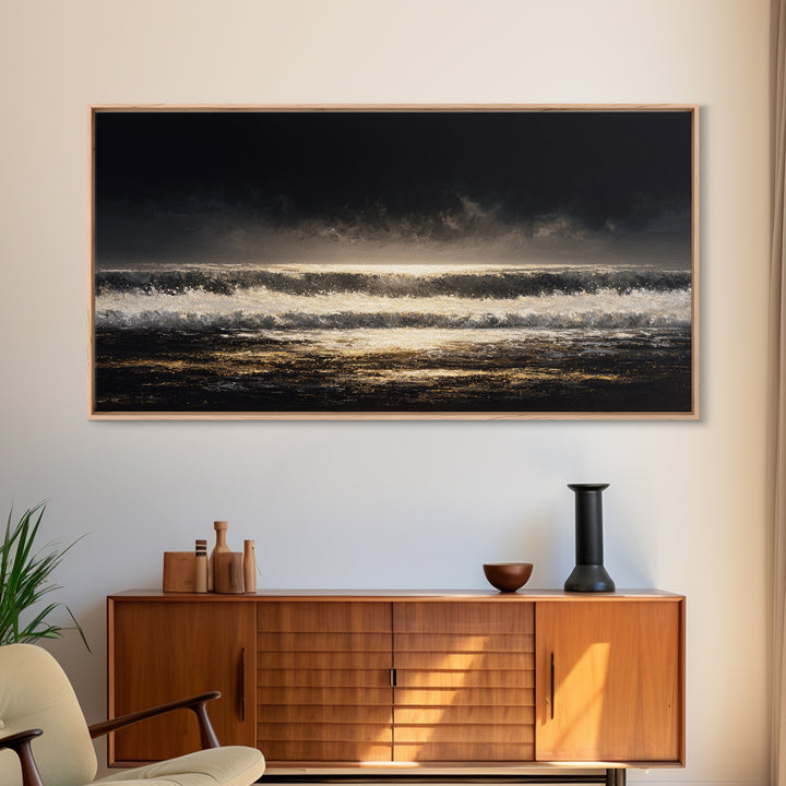 Stormy Sea under a Nearly Black Sky Framed Canvas Print, Dark Art, Digital Art, Living Room Decor, Fine Art, Nocturne, DAR-2x1-25