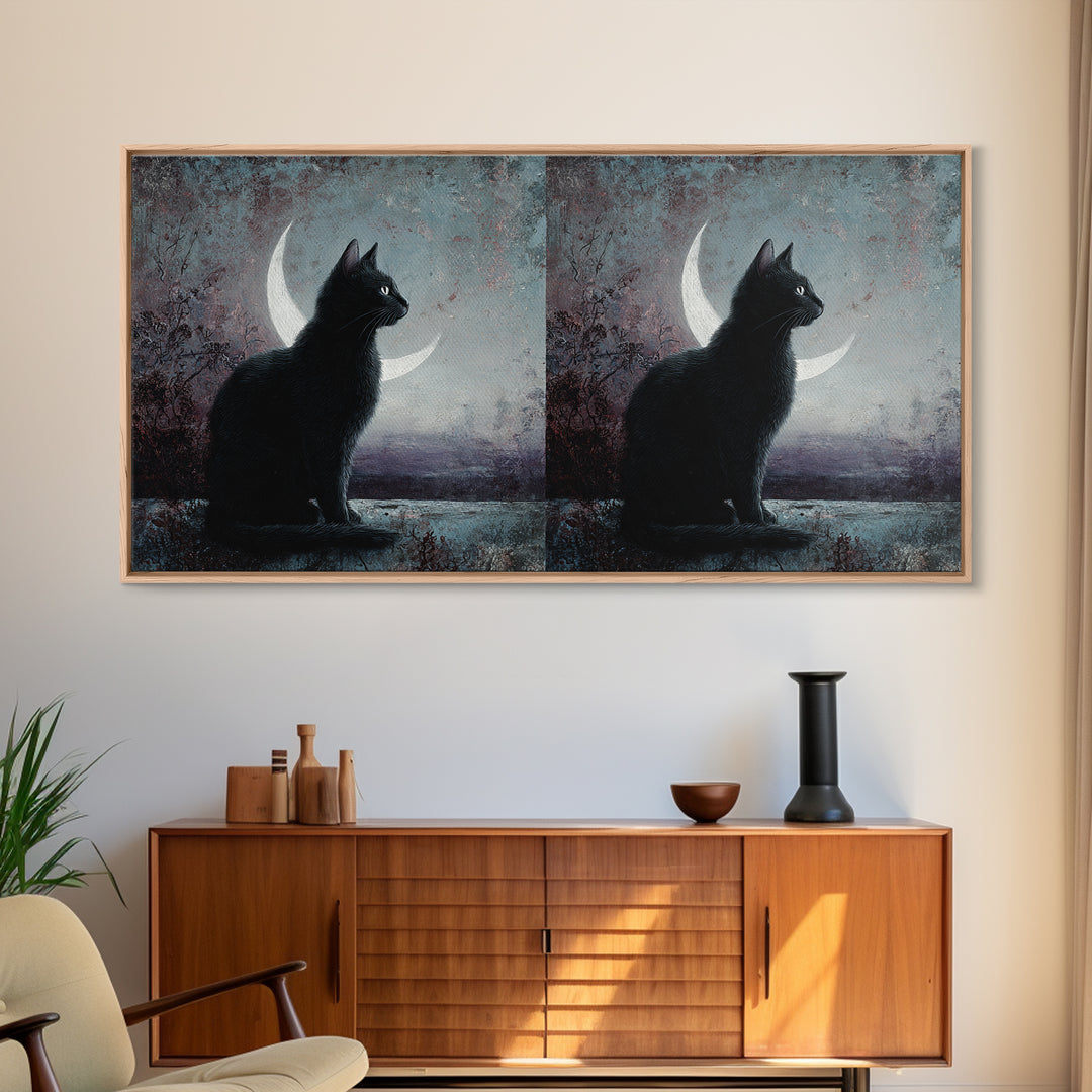 Black Cat with Glowing Eyes under Crescent Framed Canvas Print, Dark Art, Living Room Decor, Watercolor Art, Nocturne, DAR-2x1-29
