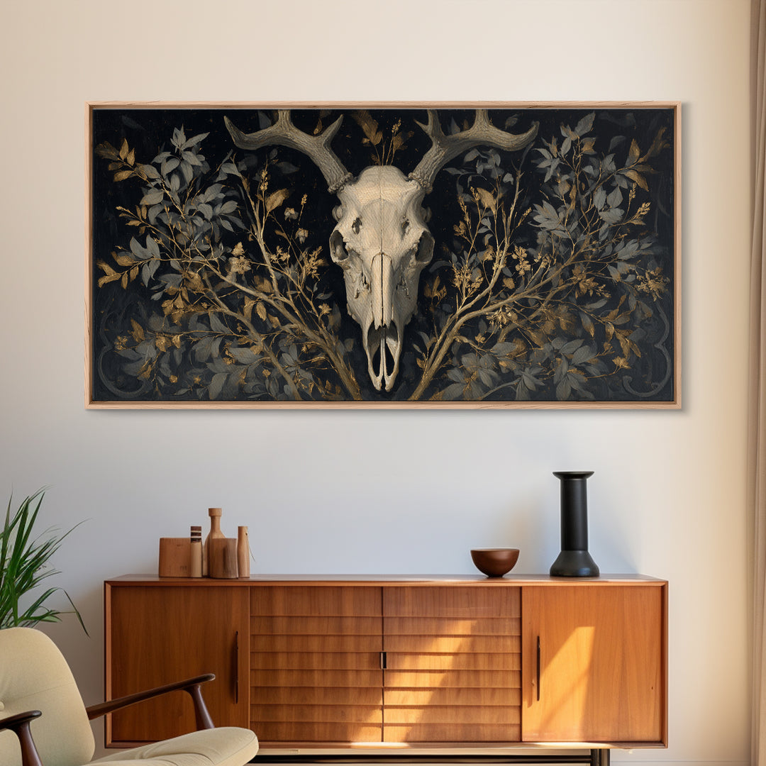 Shadowy Deer Skull Canvas Print, Dark Art, Oil Painting, Living Room Decor, Nocturne, Gothic Wall Decor, Man Cave Decor, DAR-2x1-31