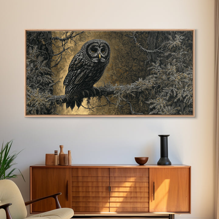 Owl in a Midnight Pine Forest Framed Canvas Print, Dark Art, Room Decor, Living Room Decor, Fine Art, Nocturne, Digital Art, DAR-2x1-42