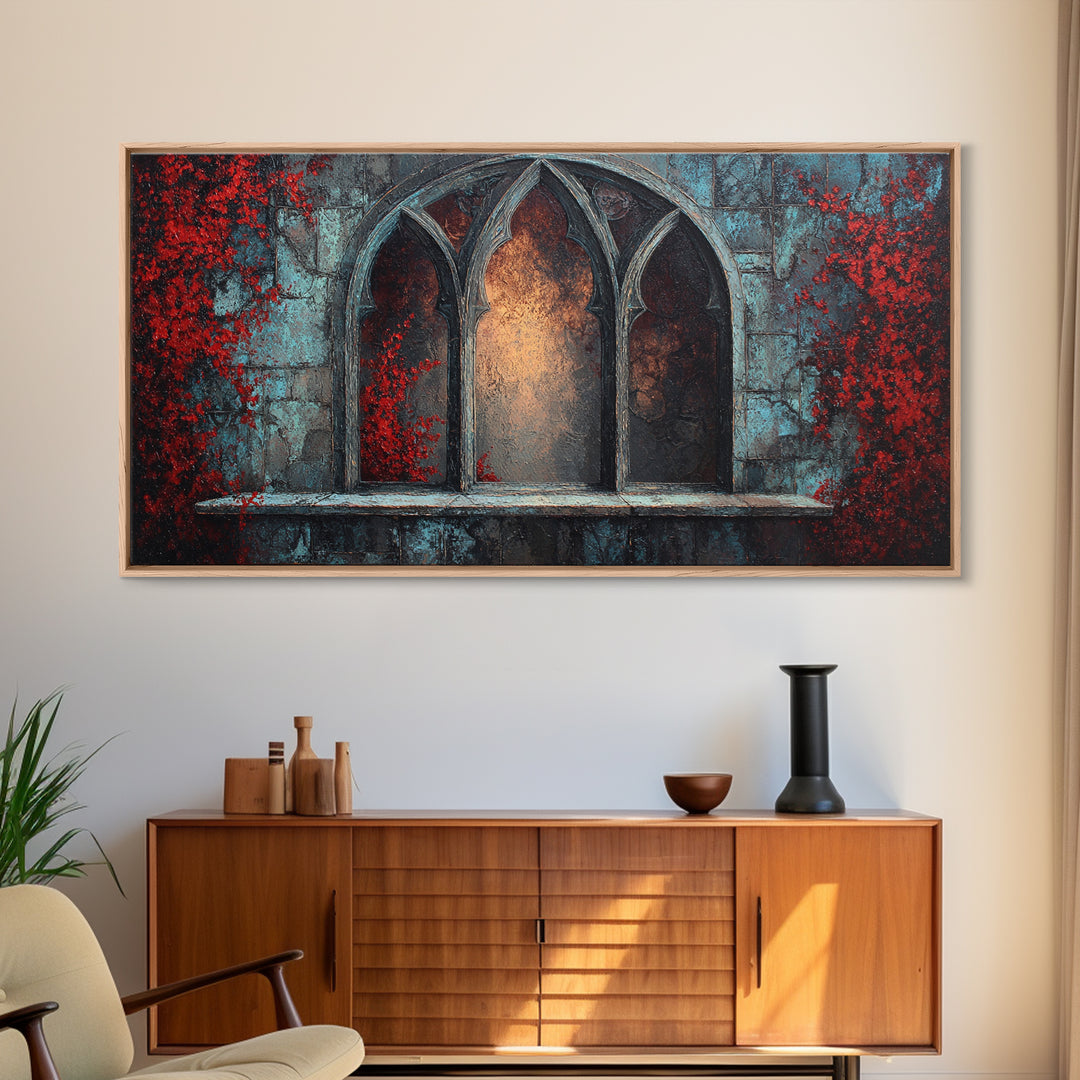 Gothic Cathedral Window Framed Canvas Print, Dark Art, Art Print, Living Room Decor, Oil Painting, Nocturne, Halloween Art, DAR-2x1-60